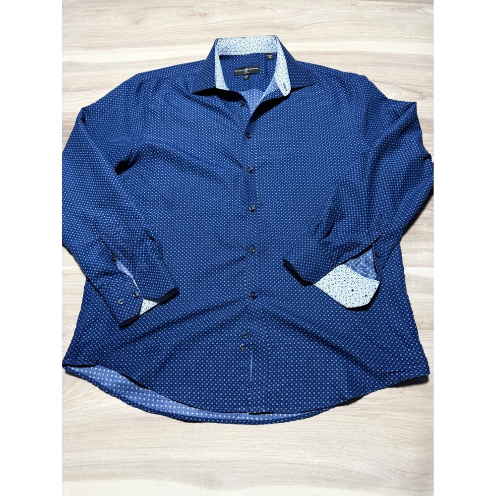 Society of Threads Dress Shirt Mens L Blue Slim Fit Geometric Long Sleeve Print